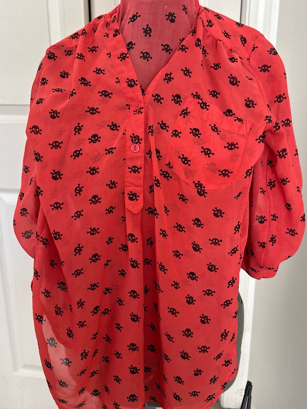 Rue21 Red Blouse with Black Skull Print